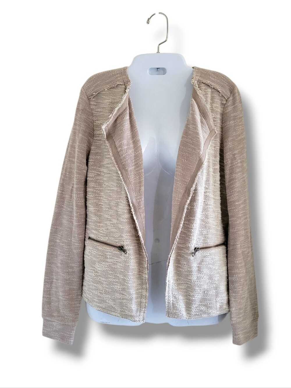 Caslon | Beige Textured Knit Moto Blazer Jacket Zip Pockets Size S